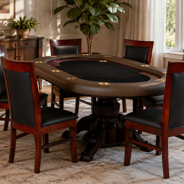 A poker dining table with a black playing surface and matching wood-and-black chairs sits in a bright, elegant living space