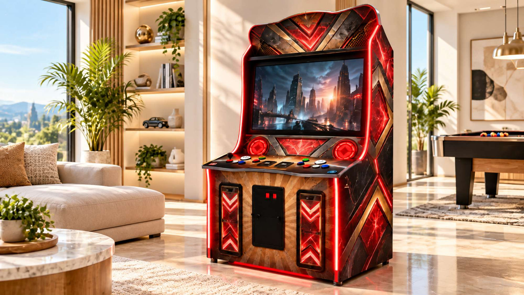 A red-lit arcade machine with a large screen stands in a bright, modern game room with a beige sofa, indoor plants, and a pool table