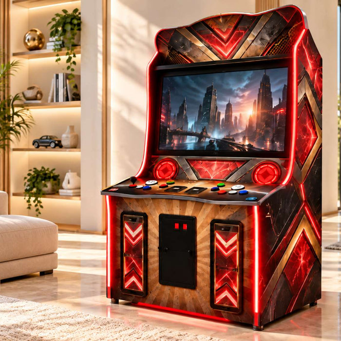 A red-lit arcade machine with a large screen stands in a bright, modern game room with a beige sofa, indoor plants, and a pool table