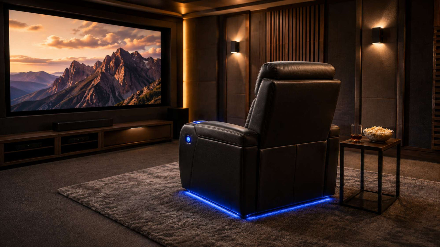 A single home theater recliner faces a large movie screen in a dark, modern media room with warm lighting, acoustic panels, and a small side table