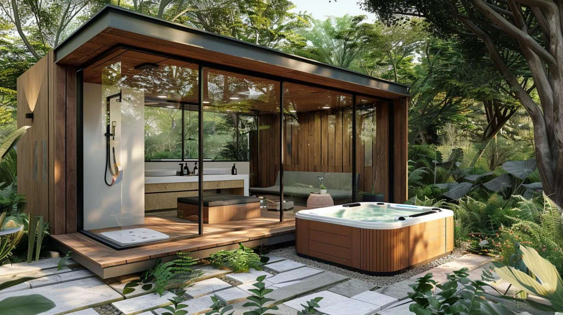 A She Shed with Hot Tub featuring a modern glass-walled wooden shed surrounded by greenery and a cozy hot tub on a stone patio