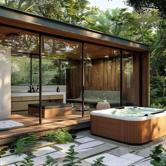 A She Shed with Hot Tub featuring a modern glass-walled wooden shed surrounded by greenery and a cozy hot tub on a stone patio