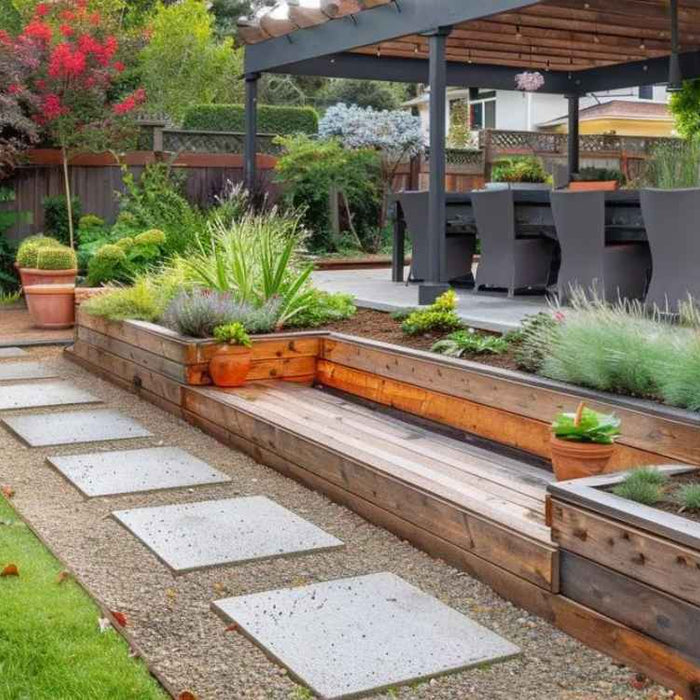 A backyard shows a clean layout with wooden raised garden beds filled with herbs and plants, offering a real-life example of How to Start a Raised Garden Bed