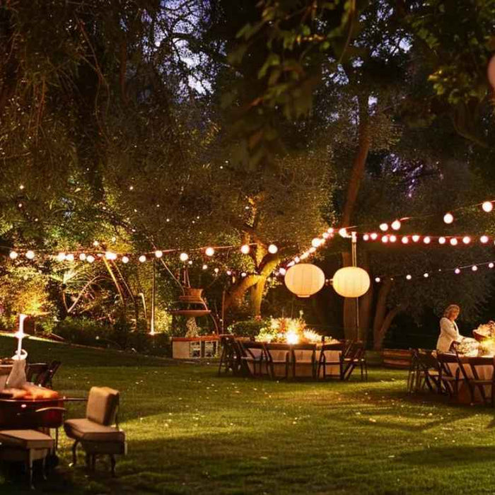 A backyard with soft grass, rustic chairs, and twinkling string lights creates the perfect scene for how to host the perfect backyard BBQ party