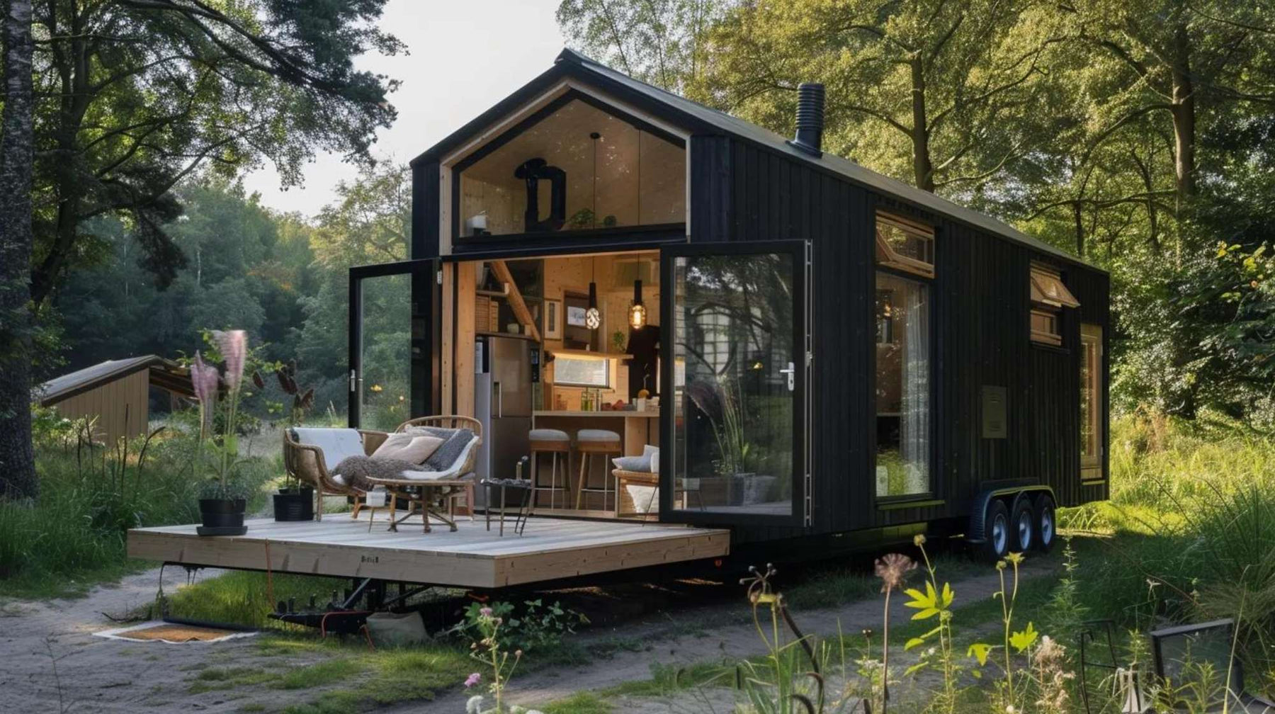 A black cabin-style she shed on wheels nestled in lush greenery, highlighted in The Guide to a She Shed You Can Live In