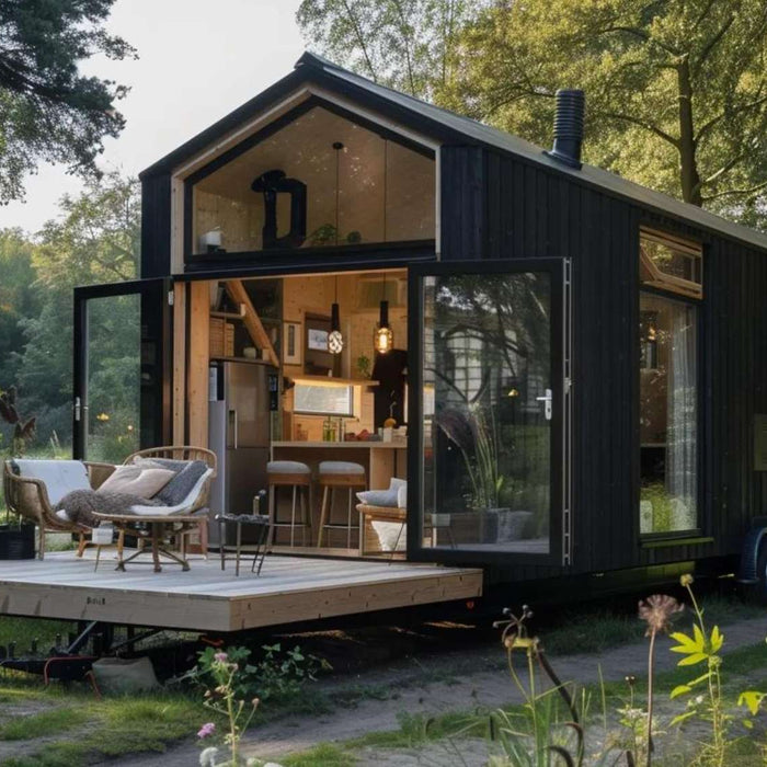 A black cabin-style she shed on wheels nestled in lush greenery, highlighted in The Guide to a She Shed You Can Live In