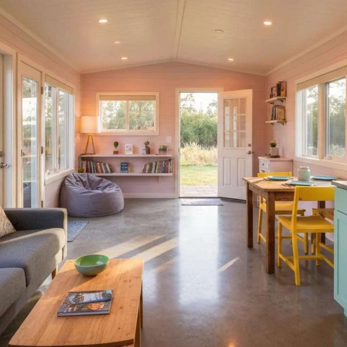 A bright, compact room with large windows, a small sofa, a beanbag, shelves, and a tiny kitchen shows what are the main features of a micro living space through its simple, efficient layout