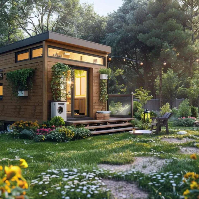 A bright, green backyard filled with flowers, trees, and a wooden cottage shows the beauty of natural balance in Which Side of House is Best for Your Garden
