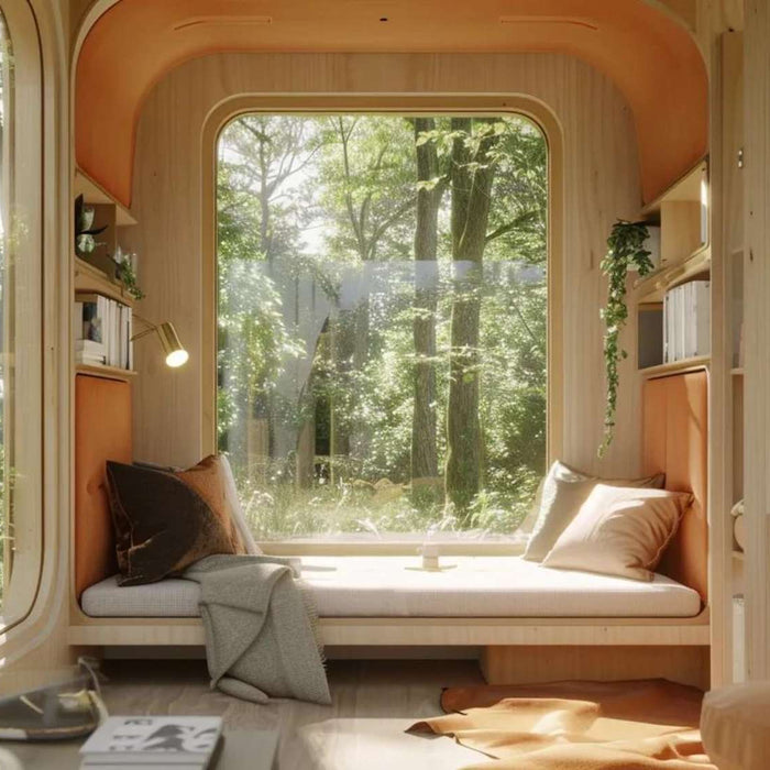 A bright, modern she shed interior with soft seating, built-in shelves, and greenery surrounded by trees, helping explore does a she shed increase home value