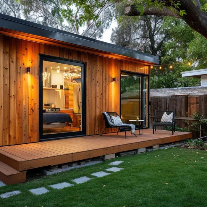 A bright, modern tiny house made of natural wood demonstrates what are tiny home kits and how they can create functional homes in small spaces