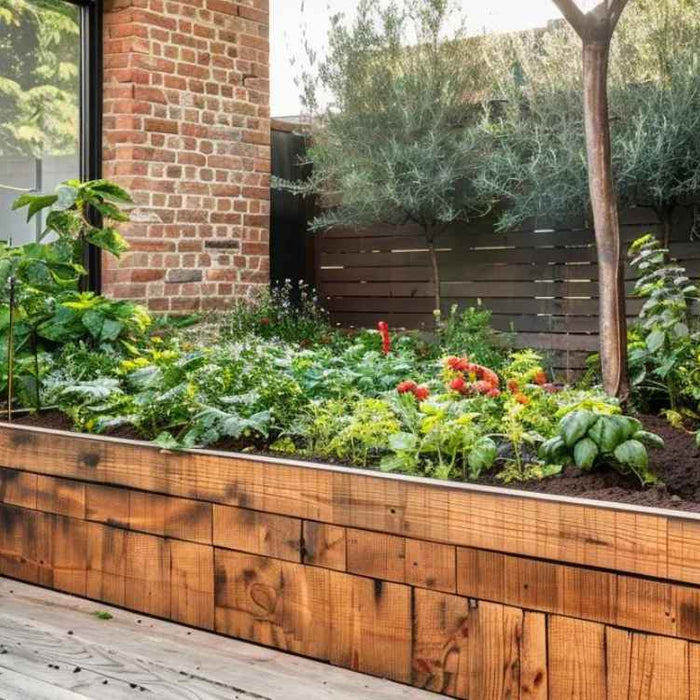 A close-up of a raised bed with layers of thriving vegetables and flowers, offering a visual example for How to Fill Raised Garden Beds in urban garden spaces