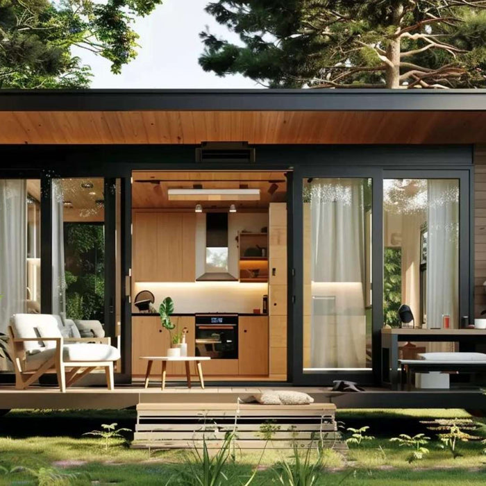A compact cabin with wood tones and garden views inspires how to build a she shed with style and function