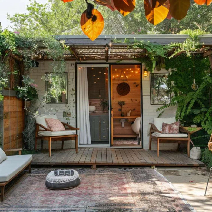 A cozy backyard she shed surrounded by greenery shows that Can A She Shed Have A Bathroom with its inviting setup featuring a sink and bathtub inside