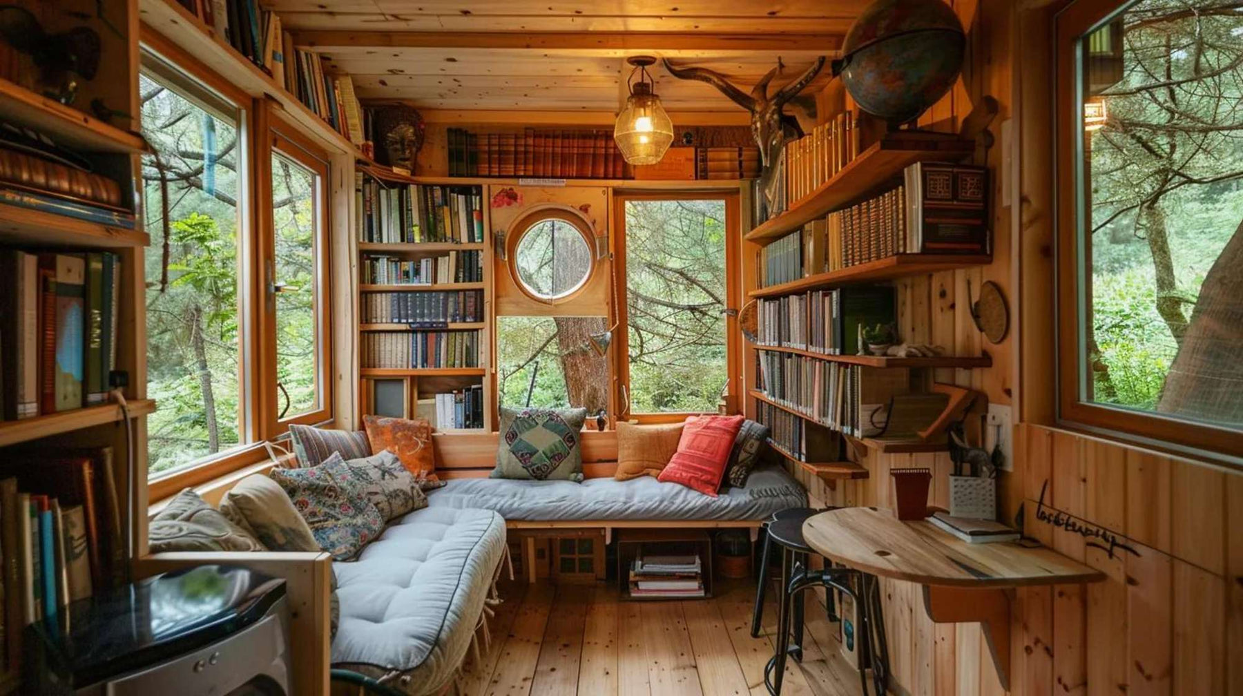 A cozy garden house library with wooden walls, floor-to-ceiling bookshelves, cushioned bench seating, warm lighting, and large windows overlooking a leafy forest