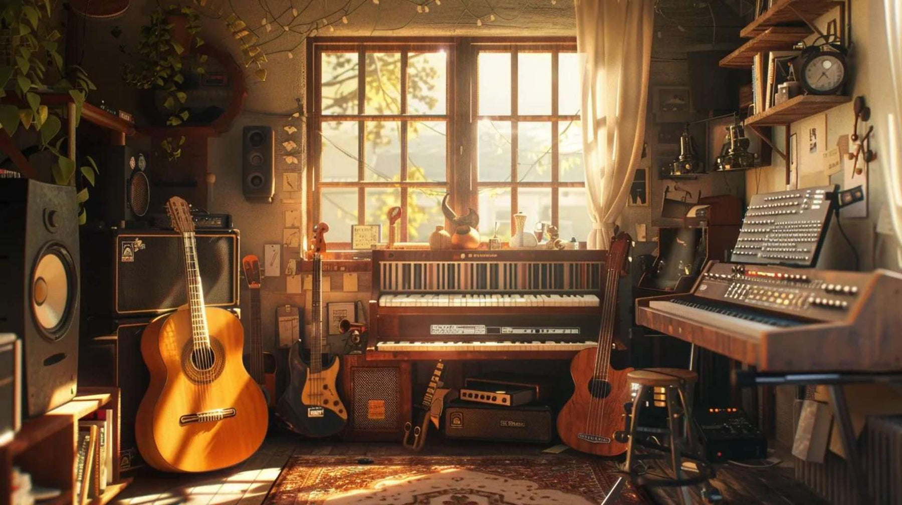 A cozy home studio with guitars, keyboards, and warm sunlight perfectly showing What is Music Room