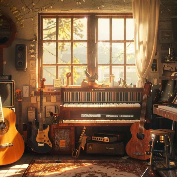 A cozy home studio with guitars, keyboards, and warm sunlight perfectly showing What is Music Room
