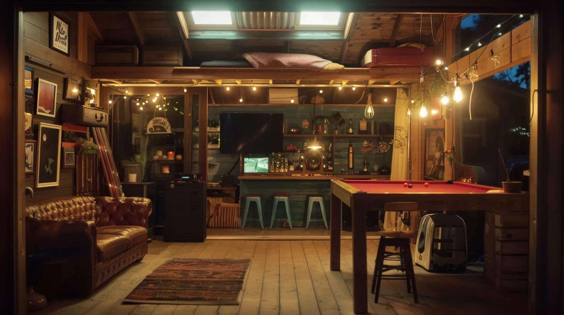 A cozy man cave glows with warm string lights, pendant bulbs, and soft ambient lighting around a pool table and bar, showing how to light a man cave for comfort and style