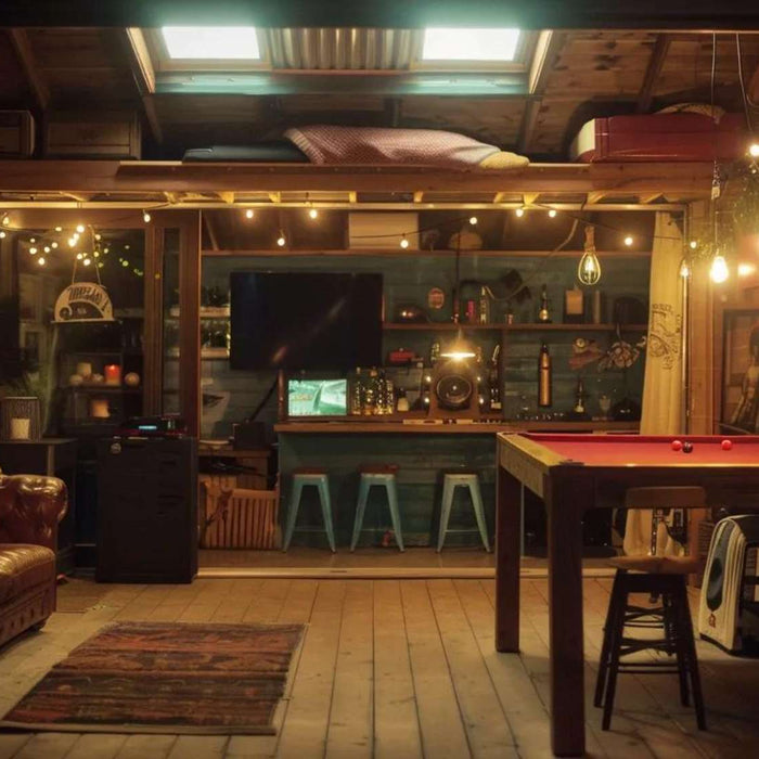 A cozy man cave glows with warm string lights, pendant bulbs, and soft ambient lighting around a pool table and bar, showing how to light a man cave for comfort and style
