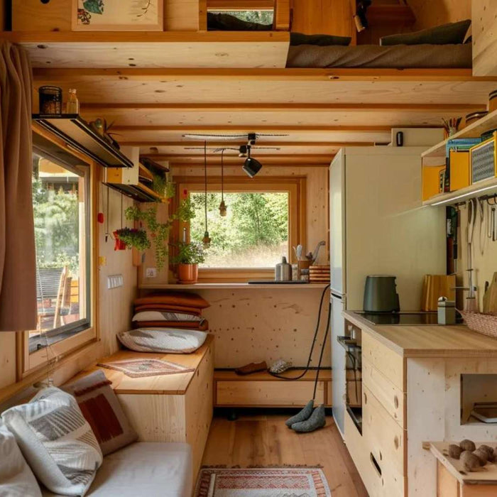 A cozy she shed with electricity featuring wooden walls, built-in seating, and large bright windows