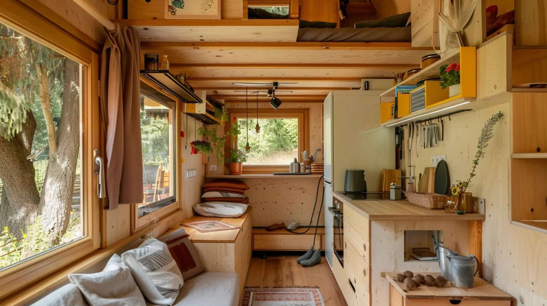 A cozy she shed with electricity featuring wooden walls, built-in seating, and large bright windows