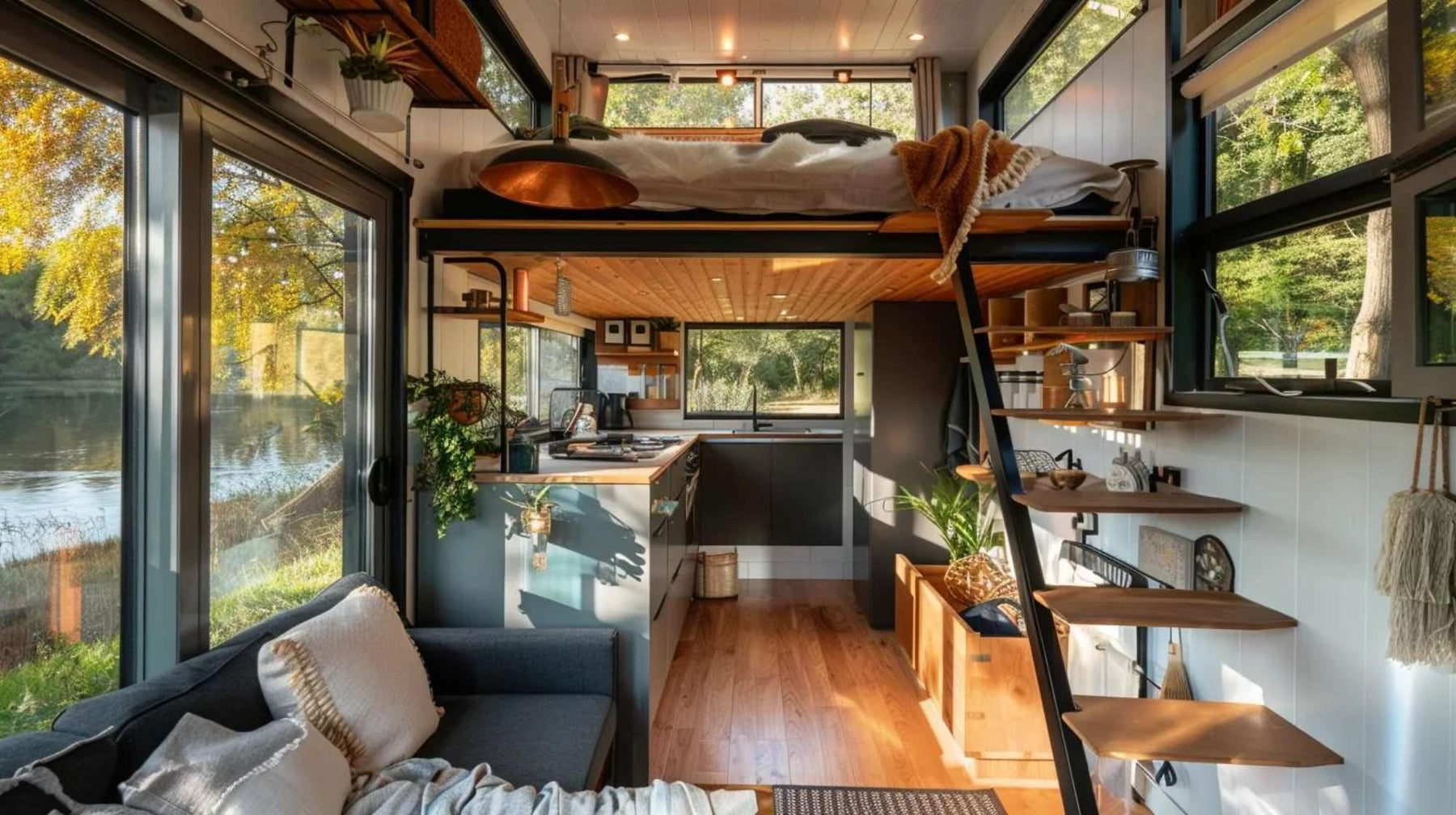 A cozy she shed with loft featuring a raised sleeping area accessed by ladder, a compact kitchen, built-in shelving, and large windows overlooking a calm lakeside setting