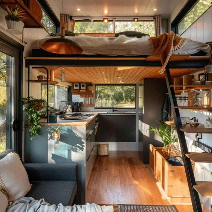 A cozy she shed with loft featuring a raised sleeping area accessed by ladder, a compact kitchen, built-in shelving, and large windows overlooking a calm lakeside setting