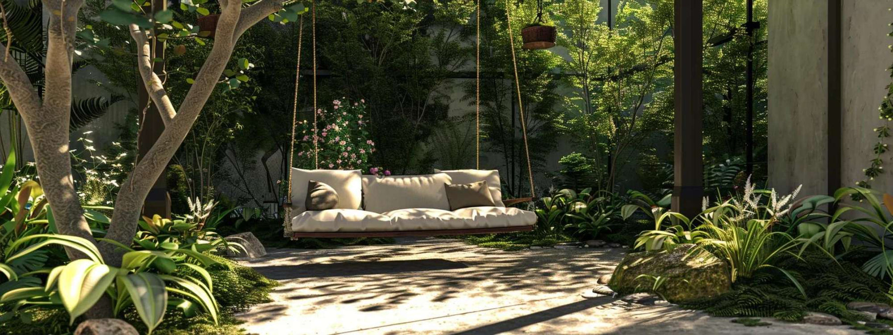 A cozy swing with soft cushions hangs from thick ropes in a shady corner, surrounded by plants and trees, creating a Relaxing Garden With Outdoor Patio Swings