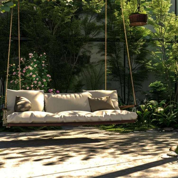 A cozy swing with soft cushions hangs from thick ropes in a shady corner, surrounded by plants and trees, creating a Relaxing Garden With Outdoor Patio Swings