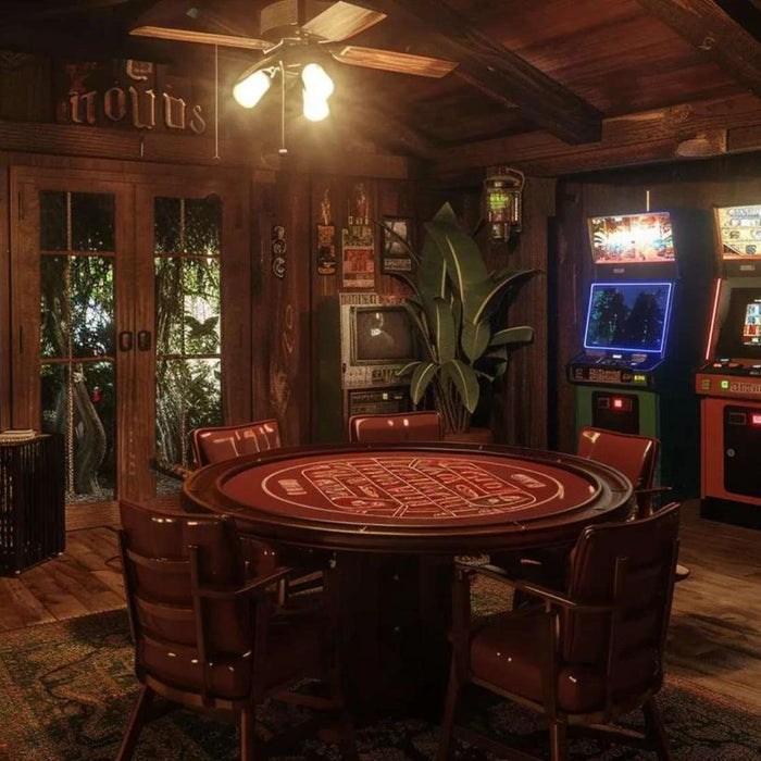 A cozy wood-paneled man cave with arcade machines, a poker table, leather chairs, and warm lighting shows exactly how to setup a man cave