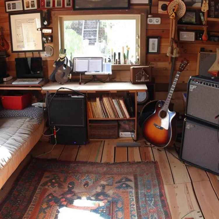 A cozy wood-paneled room with guitars, amps, and framed art shows how to decorate an outdoor music room with personality and function