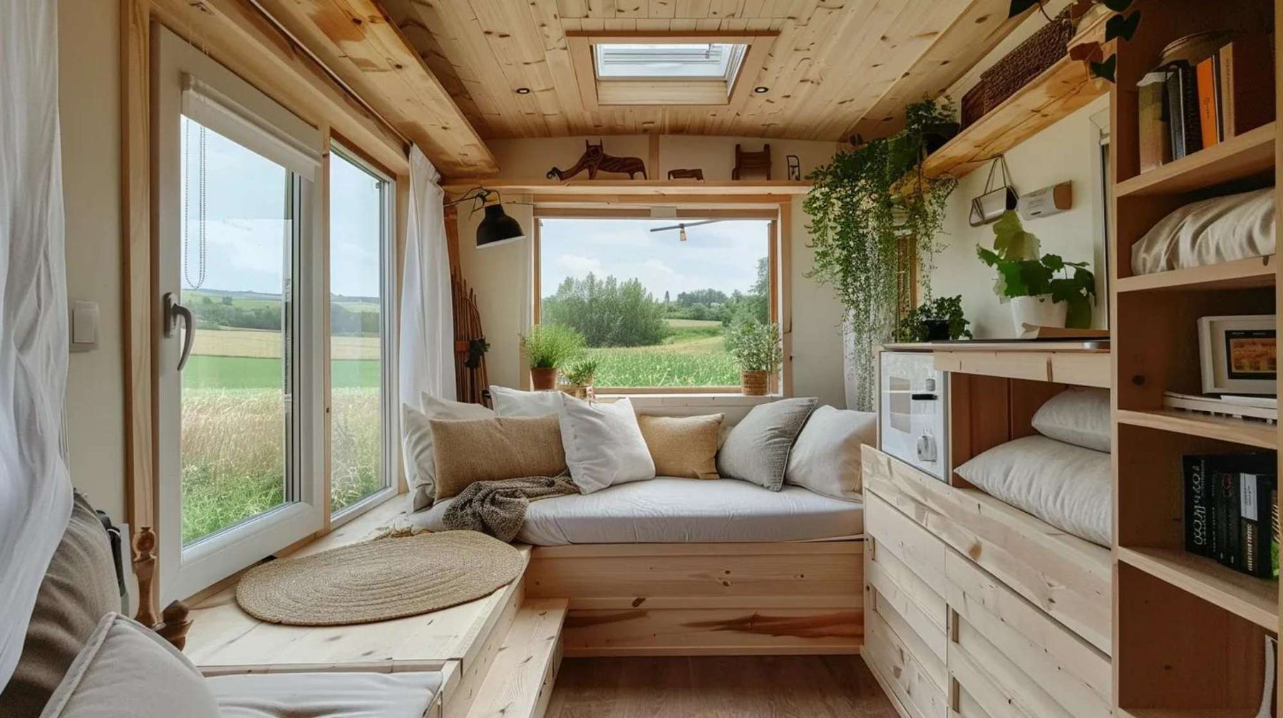 A cozy wooden she shed interior with a cushioned daybed, plants, shelves, and large windows overlooking a field, showing how much does she shed cost