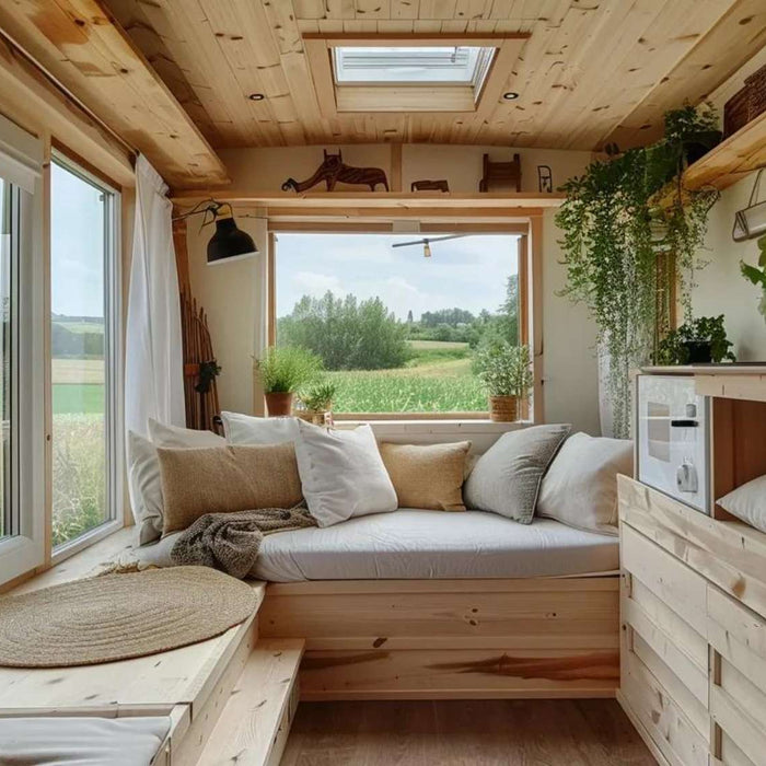 A cozy wooden she shed interior with a cushioned daybed, plants, shelves, and large windows overlooking a field, showing how much does she shed cost