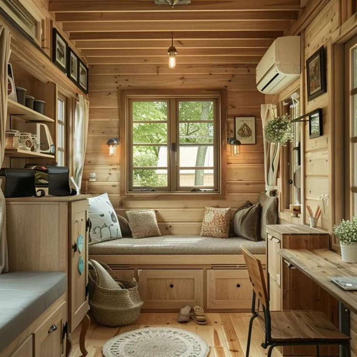 A cozy wooden she shed interior with built-in seating, a small desk, windows on both sides, and soft natural light, helping answer the question do i need a permit for a she shed