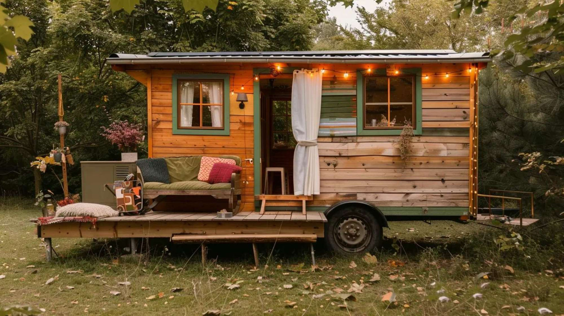 A cozy wooden shed with string lights and outdoor seating shows what does a she shed look like—warm, rustic, and inviting