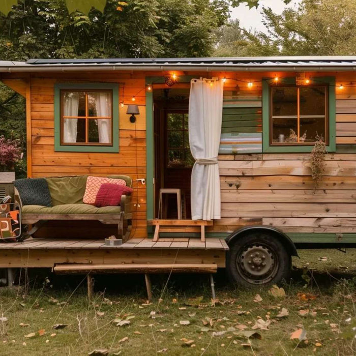 A cozy wooden shed with string lights and outdoor seating shows what does a she shed look like—warm, rustic, and inviting