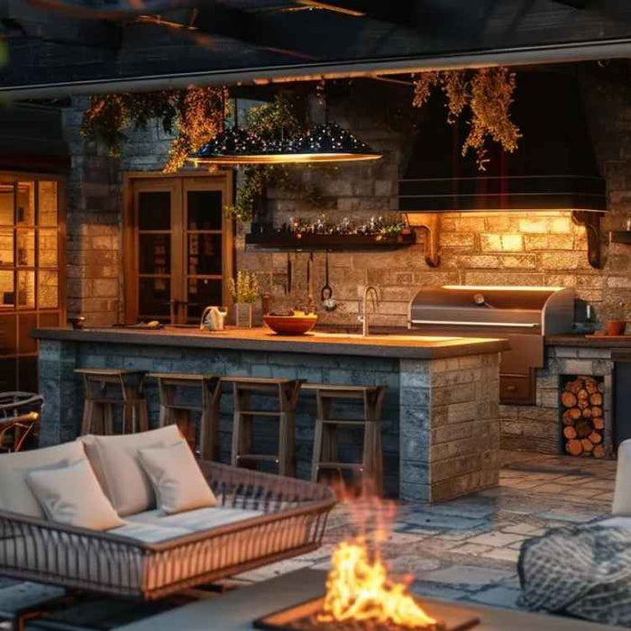 A glowing stone patio with cushioned chairs, a fire pit, and a full outdoor kitchen reflects the cozy and functional style seen in the 8 Trends in Outdoor Living Spaces