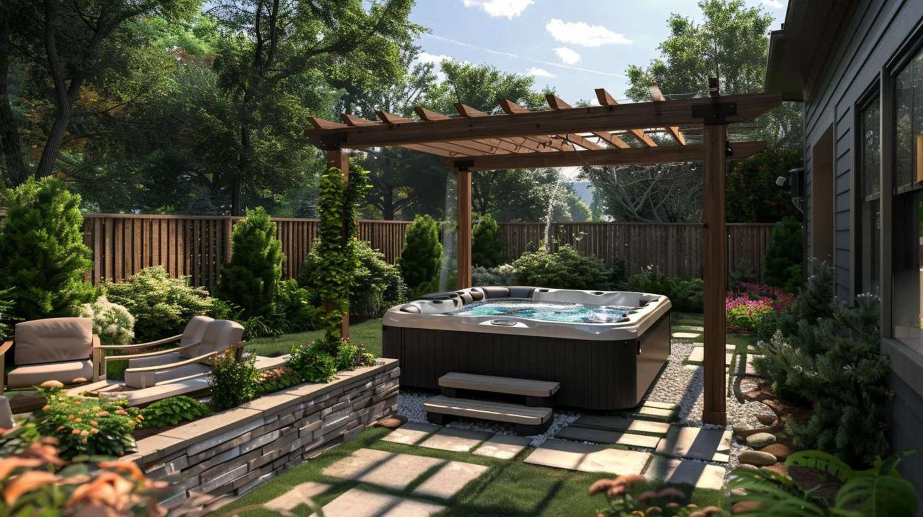 A hot tub sits under a wooden pergola in a landscaped backyard, showing can you put a hot tub under a pergola in a simple, real-world setup