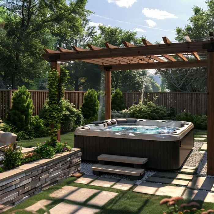 A hot tub sits under a wooden pergola in a landscaped backyard, showing can you put a hot tub under a pergola in a simple, real-world setup