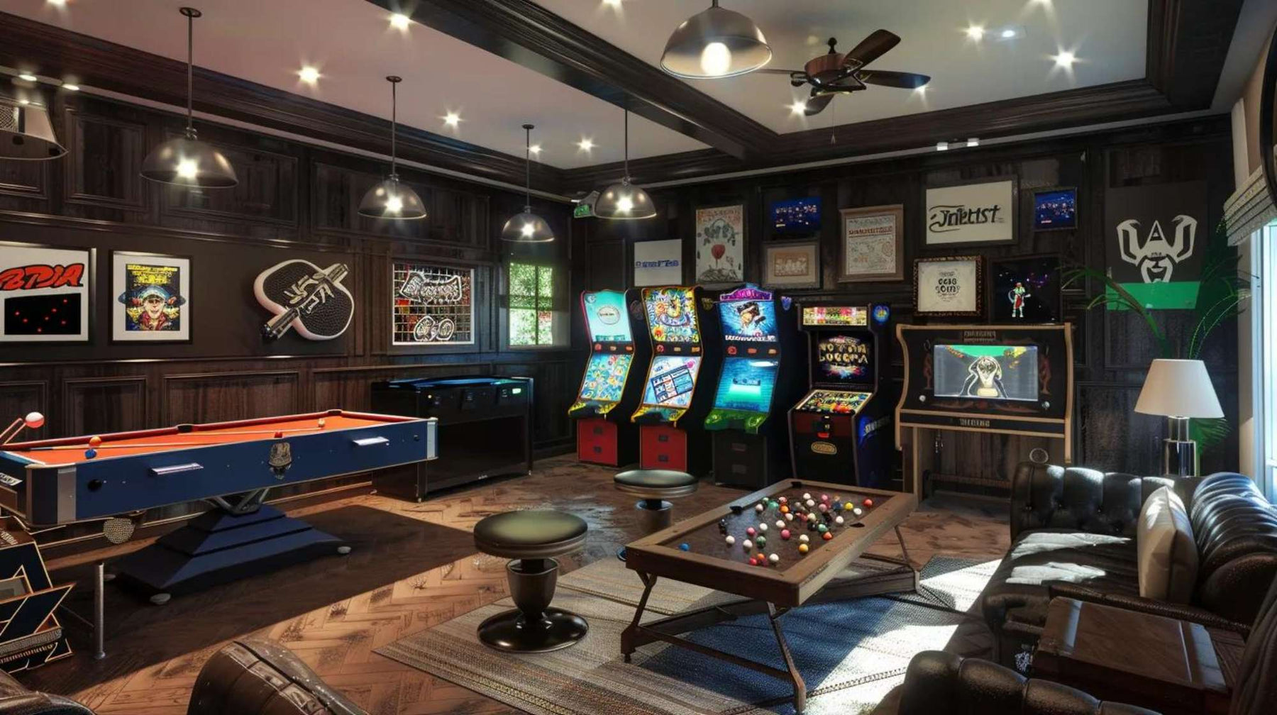 A lively entertainment room with colorful gaming machines and warm lighting, perfectly expressing what is a Game Room and its inviting atmosphere
