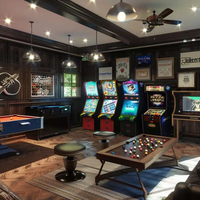 A lively entertainment room with colorful gaming machines and warm lighting, perfectly expressing what is a Game Room and its inviting atmosphere