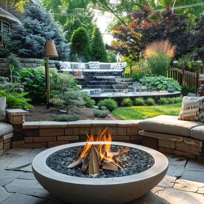 A lush backyard features a circular stone fire pit surrounded by cushioned seating, showing how to design your backyard for wellness with comfort, greenery, and space to unwind