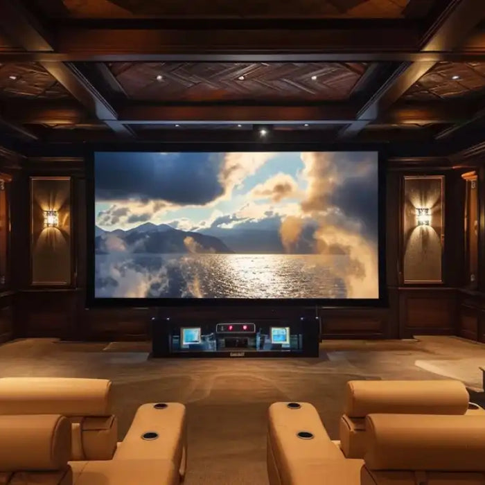 A luxurious home theater with plush recliners and a massive screen, perfect for Valencia Tuscany Slim vs. Other Seats comparison