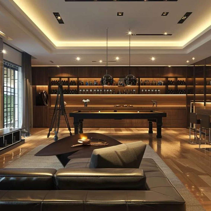 A luxurious man cave with sleek furniture, rich wood finishes, and mood lighting that answers the question Can I Build a Man Cave in My Garden with a confident yes