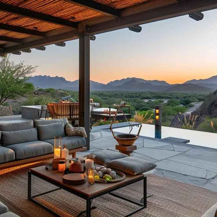 A luxurious outdoor retreat with sofas, candles, and mountain views highlights how comfort and layout can avoid common Mistakes People Make When Designing Their Retreat Spaces