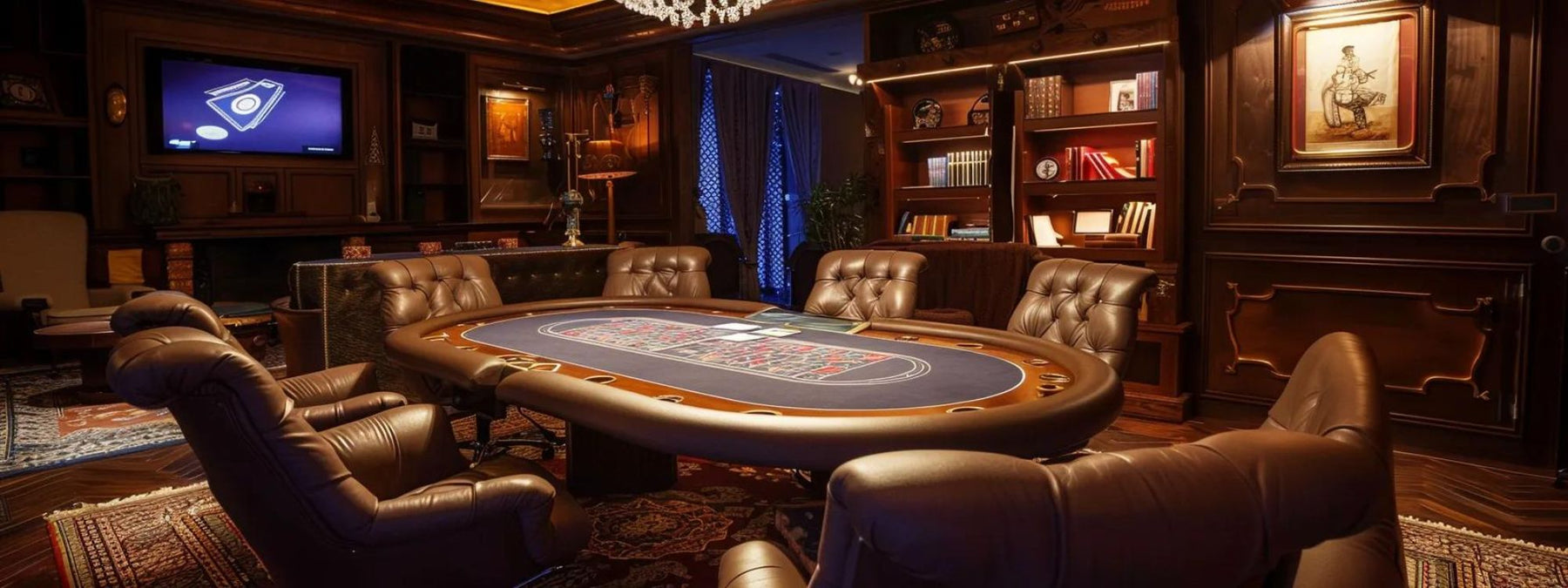 A luxurious room features a large poker table surrounded by plush leather chairs, perfect to set up the best poker table room at home