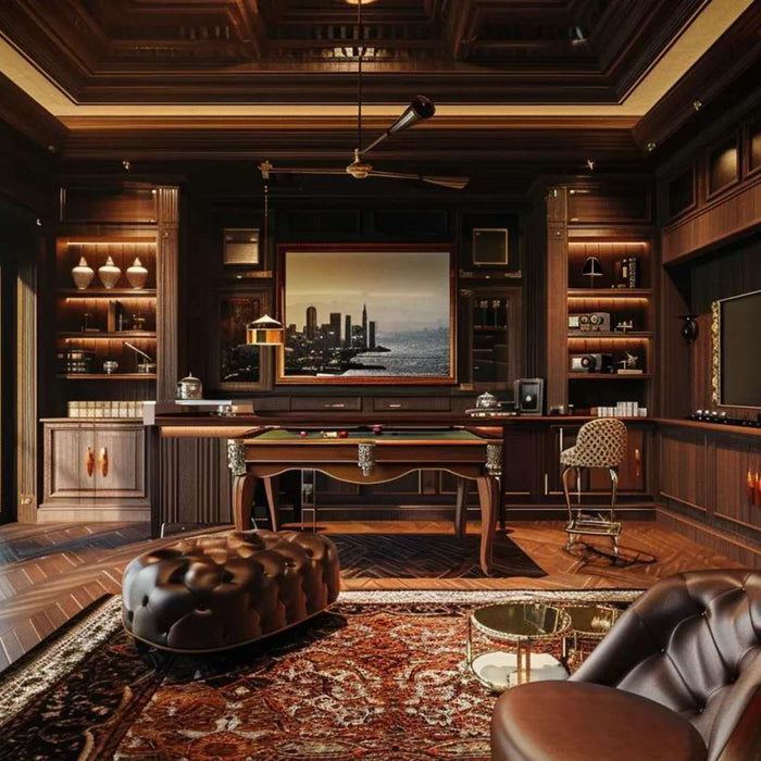 A luxurious wood-paneled man cave with a pool table and leather seating shows how refined retreats became after when did man caves become popular