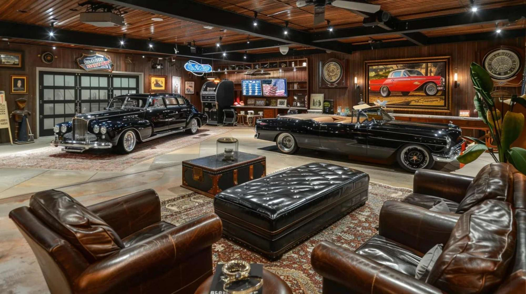 A luxury man cave for cars with two classic black vintage cars, leather seating, wood-paneled walls, framed automotive art, and warm lighting in an indoor garage