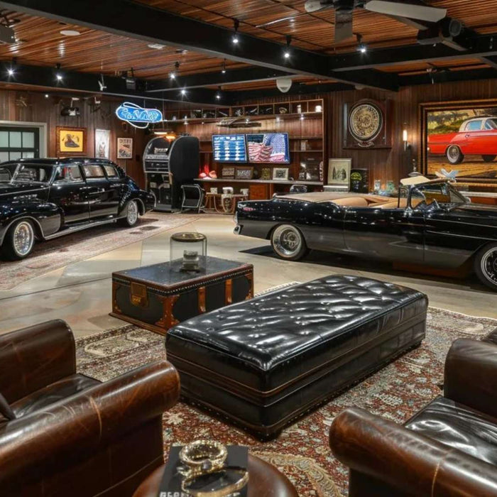 A luxury man cave for cars with two classic black vintage cars, leather seating, wood-paneled walls, framed automotive art, and warm lighting in an indoor garage