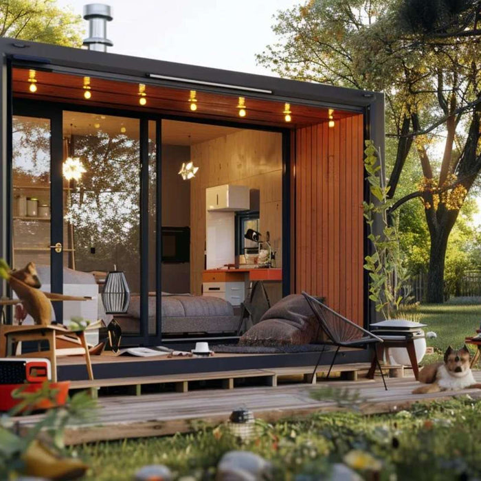 A modern cabin-style she shed for dogs sits in a peaceful backyard, with warm lights glowing and a relaxed dog lying on the wooden deck.