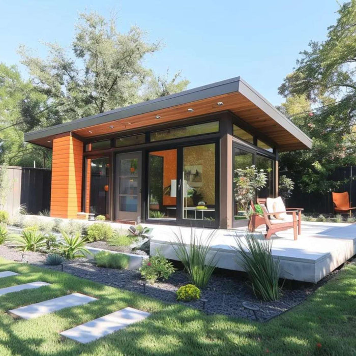 A modern garden house design with glass walls and wood cladding sits on a raised deck, surrounded by grass, stone steps, and simple landscaping